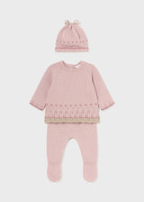 Sugar Pink Embroidered Set w/ Pants, Sweater & Hat Warmer