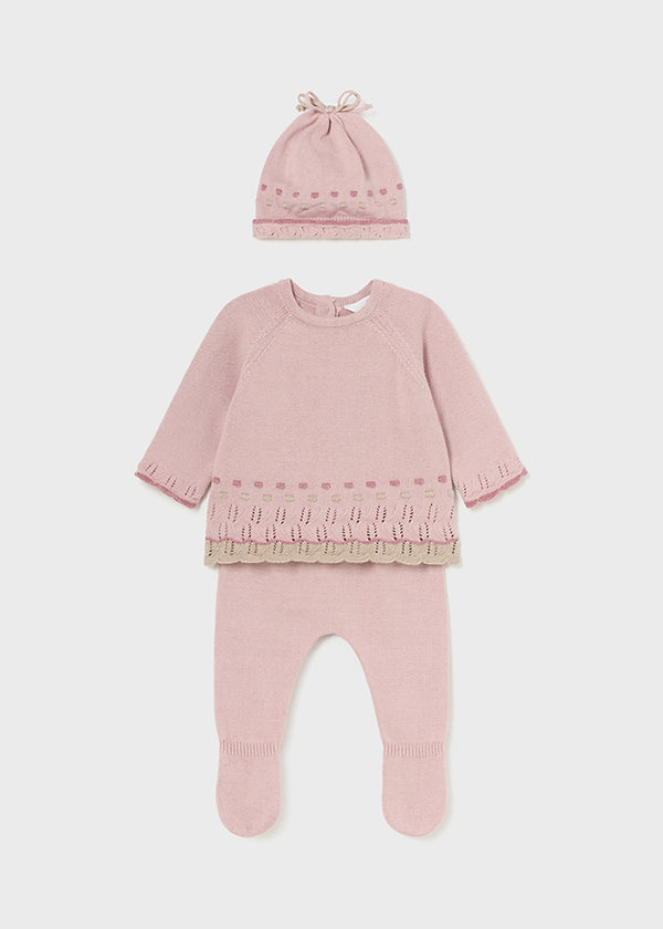 Sugar Pink Embroidered Set w/ Pants, Sweater & Hat Warmer