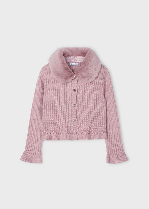 Rose Colored Faux Fur Collar Cardigan