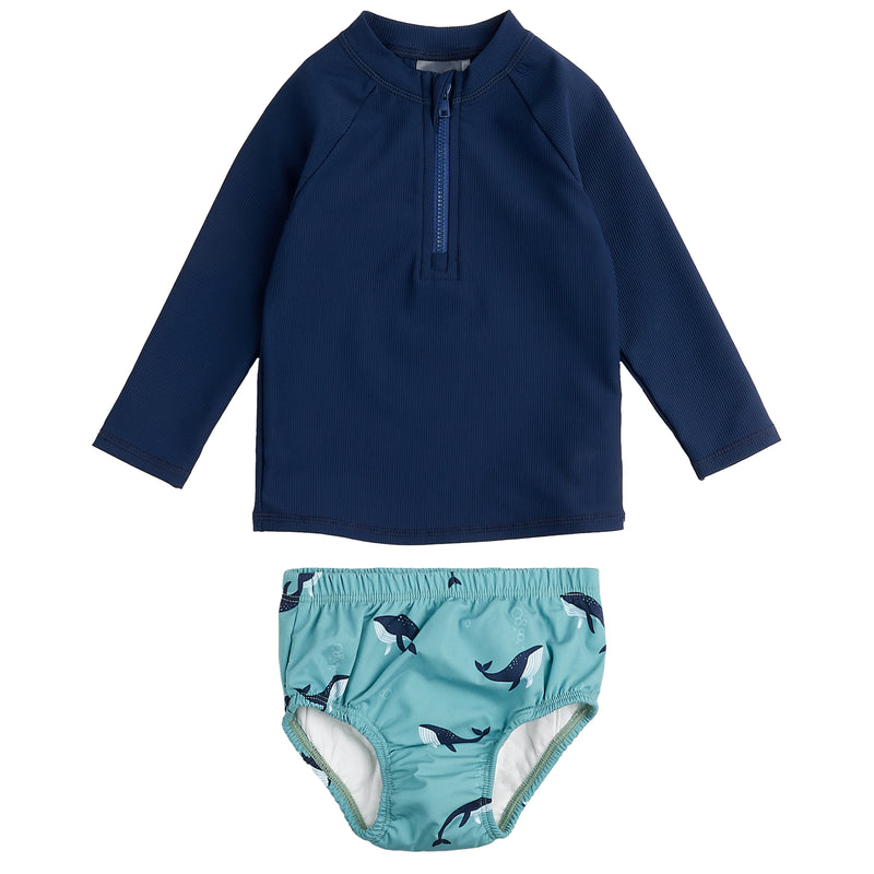 Ribbed Long-Sleeve Navy Rashguard Set With Whale Print Swim Diaper