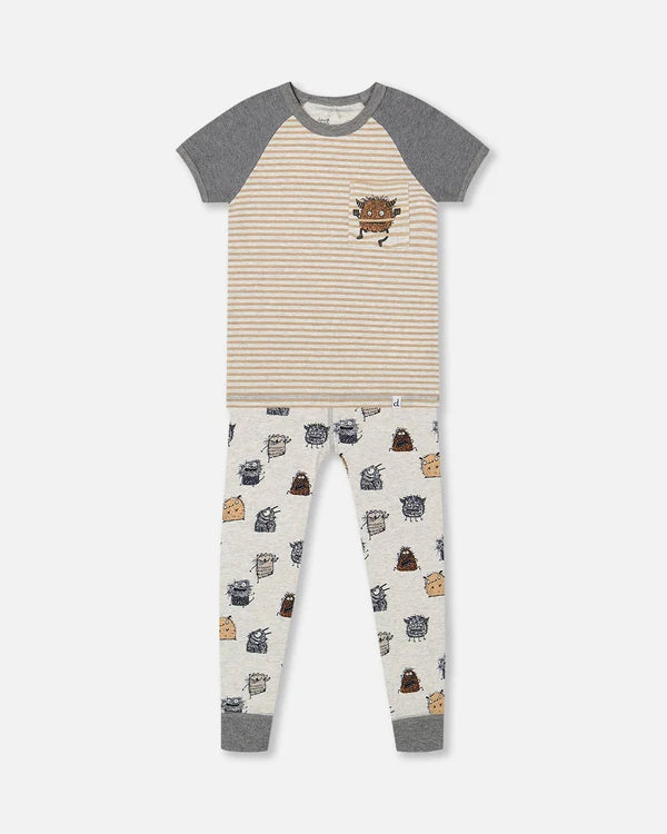 2 Piece Organic Pajamas - Heather Beige Monsters