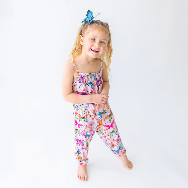 Watercolor Butterfly Smocked Spaghetti Jumpsuit with Straps