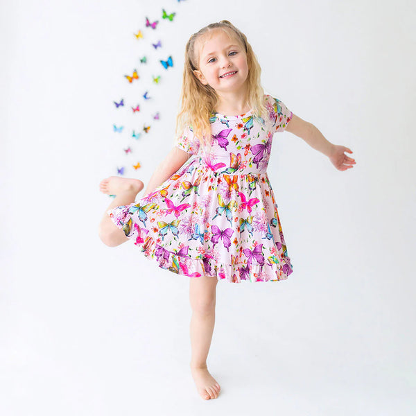 Watercolor Butterfly - Short Sleeved Ruffled Twirl Dress