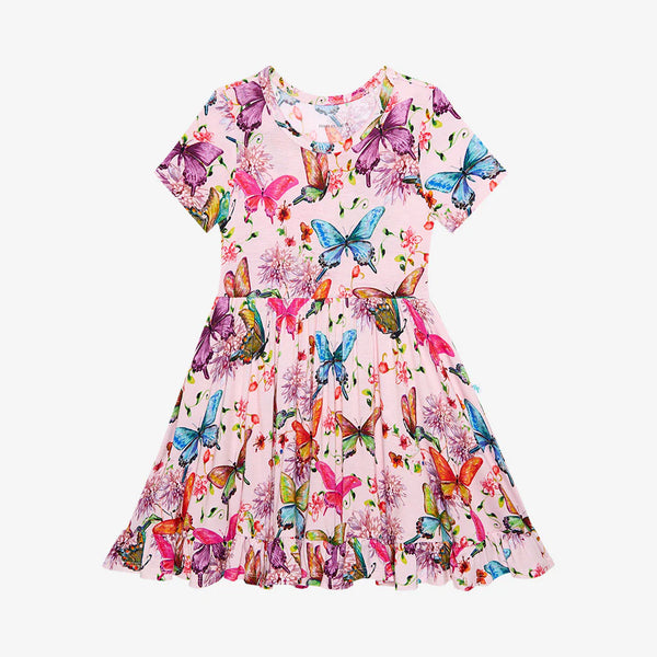 Watercolor Butterfly - Short Sleeved Ruffled Twirl Dress