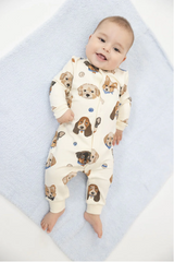 French Terry Vintage Puppy Faces - Baseball Collar Romper