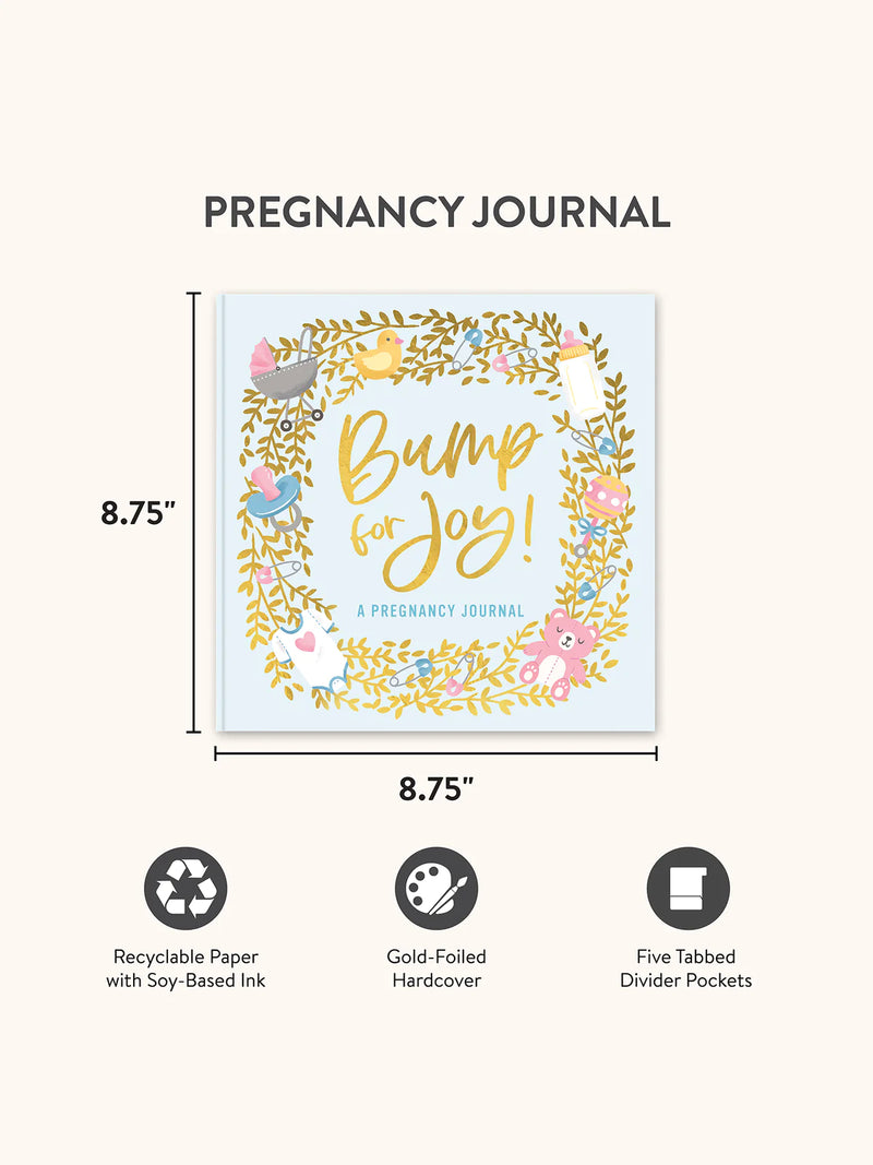 Bump for Joy: A Pregnancy Journal, in Blue. Dimensions Preview (8.75 by 8.75 inches).