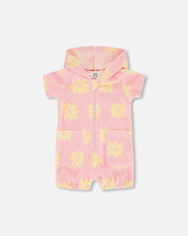 Terry Cloth Zipped Hooded Flowers Romper