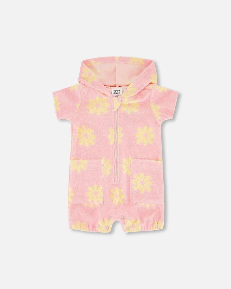 Terry Cloth Zipped Hooded Flowers Romper