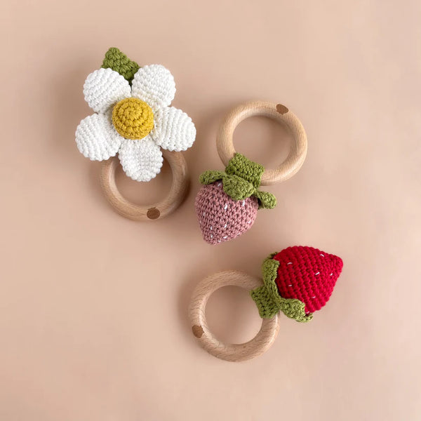 Cotton Rattle Teether, Strawberry