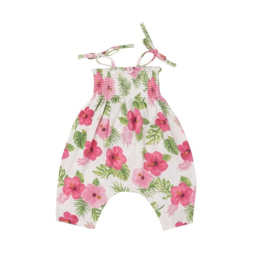 Tie Strap Smocked Romper - Hibiscus